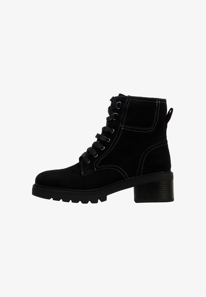 Black suede ankle boot with lace-up design, contrasting white stitching, and a chunky heel. Features a pull tab at the back.