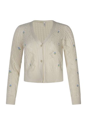 Cremefarbener Strickcardigan mit Zopfmustern und kleinen blauen gestickten Blumen, mit V-Ausschnitt und zwei vorderen Knöpfen.