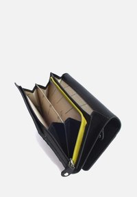 Black leather wallet with a zippered compartment featuring yellow lining. Contains multiple card slots and a spacious interior.