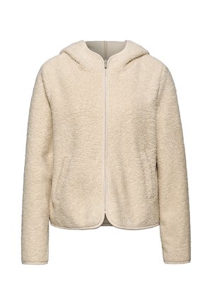 Giacca con cappuccio di colore crema realizzata in fleece testurizzato, con chiusura frontale a zip e due tasche laterali. Presenta un design cropped e nessun hardware visibile.