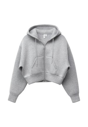 Hellgrauer, kurz geschnittener Kapuzenpullover mit Reißverschluss, vorderen Taschen, langen Ärmeln, Kapuze und Kordelzügen.