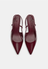 Un paio di décolleté slingback lucidi bordeaux con punta a cono e cinturini laterali regolabili su sfondo bianco.