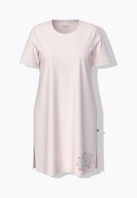 Vestido corto de manga corta de color rosa claro con escote redondo y pequeño estampado de flores y conejitos cerca del dobladillo inferior.