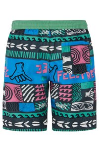 I pantaloni da bagno da uomo presentano un motivo multicolore in nero, blu, rosa e verde, con varie forme geometriche e una cintura elastica verde.