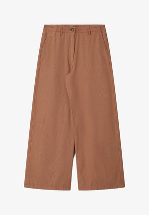 Wide-leg brown pants with thin vertical white stripes, front button closure, and side pockets.