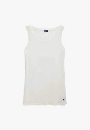 Witte mouwloze tanktop met ronde hals en klein donker logo vlak bij de onderzoom, op een effen witte achtergrond.