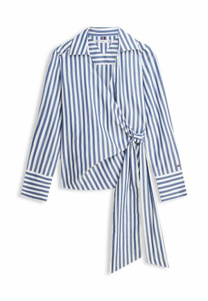 Blau-weiß gestreifte, langärmelige Wickelbluse mit Kragen und seitlicher Schleifendetail.
