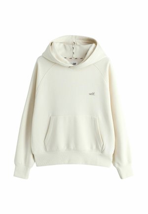 Cremefarbener Hoodie mit Fronttasche und kleinem "self."-Logo auf der linken Brust, präsentiert auf weißem Hintergrund.