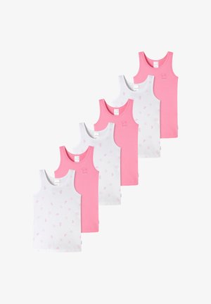 Sæt bestående af seks ærmeløse toppe: tre pink og tre hvide med pink blomster mønster, lavet af blød bomuld, med rund hals og uden lukninger.
