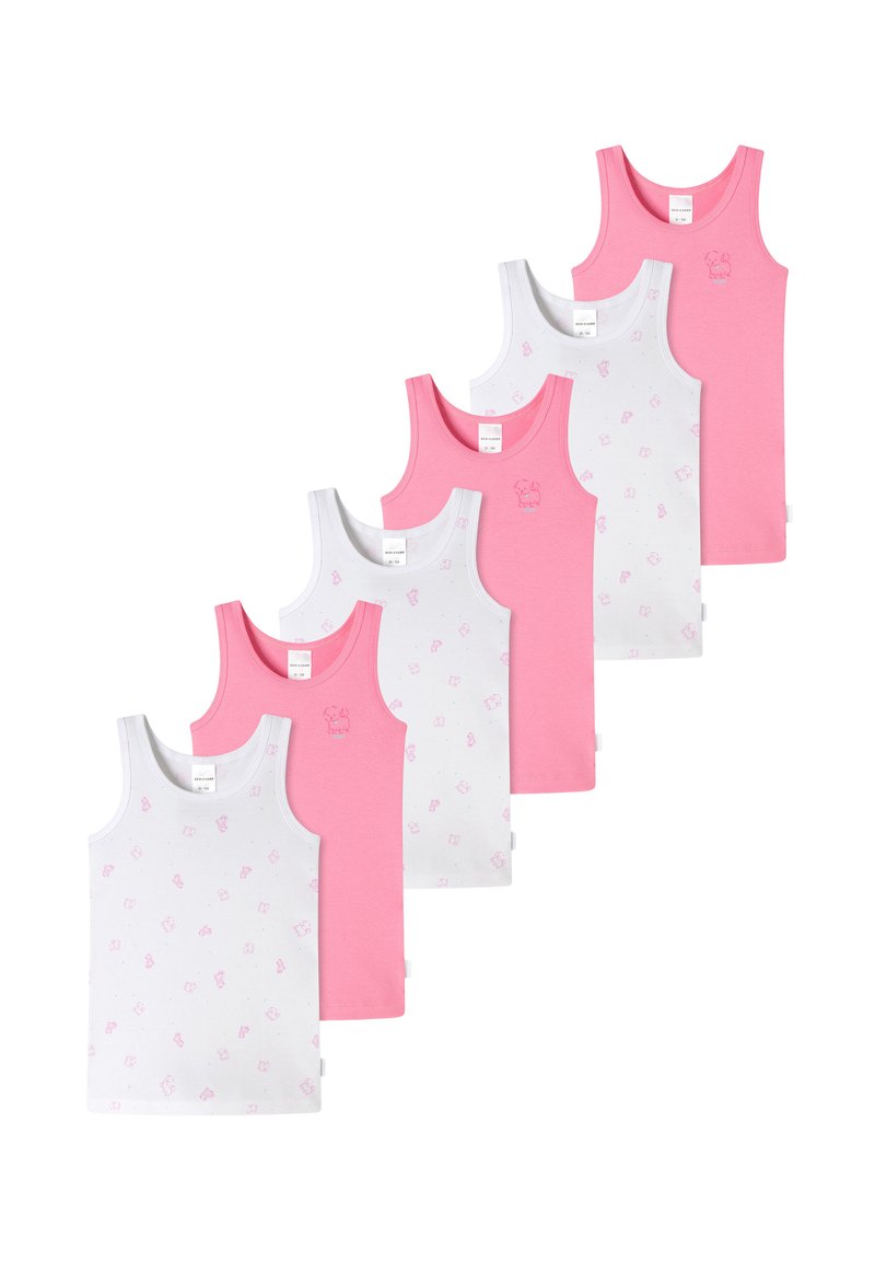Set van zes mouwloze tops: drie roze en drie witte met roze bloemenpatronen, gemaakt van zachte katoen, met ronde hals en zonder sluitingen.