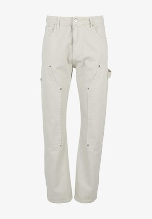 Pantalon cargo beige clair en coton durable. Dispose de multiples poches, boutons-pression et d'une coupe droite.