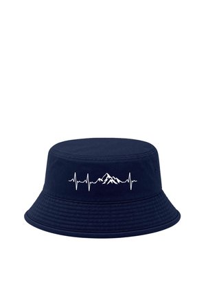 Navy blue bucket hat with white heartbeat line design centered by a mountain range graphic on the front.