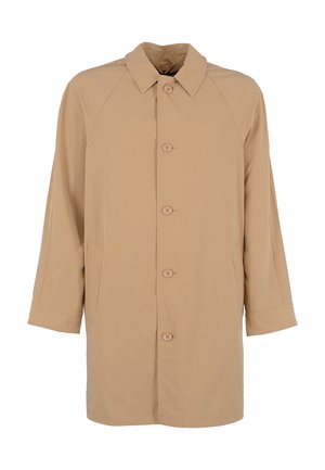 Beige leichter Regenmantel mit klassischem Kragen, Raglanärmeln, sechs Knöpfen und zwei seitlichen Taschen; glatte Textur, minimalistisches Design.