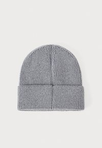 Gray knitted beanie with a folded cuff, featuring a ribbed texture and seamless crown design for a snug fit.