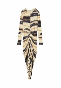 Långärmad klänning i krämfärgad med svart och brun tie-dye-mönster, med en samlad framsida och asymmetrisk nederkant, tillverkad av ett texturerat tyg.