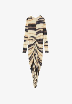 Kreminės spalvos ilgas rankovėmis su juodos ir rudos spalvos tamsiais raštais, su surinkta priekiu ir asimetrišku hemu, pagamintas iš tekstūruoto audinio.