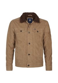 Giubbotto in corduroy marrone con colletto in pile marrone, chiusura con bottoni frontali e due tasche sul petto. Tessuto texturizzato e design a taglio dritto.