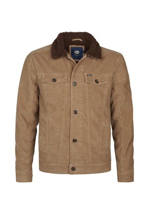 Veste en velours côtelé marron avec un col en polaire marron, fermeture à boutons à l'avant et deux poches poitrines. Tissu texturé et coupe droite.