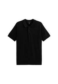 Zwarte polo met korte mouwen, gemaakt van zachte stof, met een klassieke kraag, een drie-knopen sluiting en een rechte zoom.