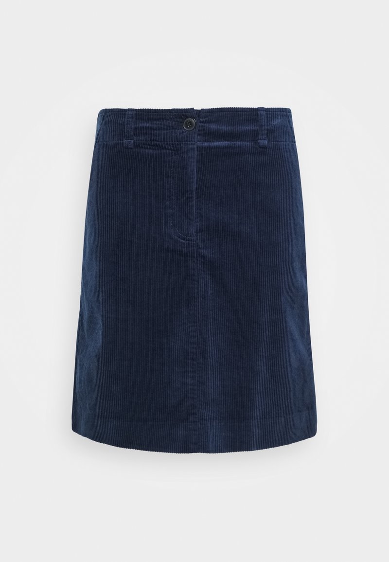 Tummansininen corduroy-hame, jossa on suora leikkaus, edessä napitus, vyönlenkit ja hillityt pystyridut kankaan tekstuurissa.