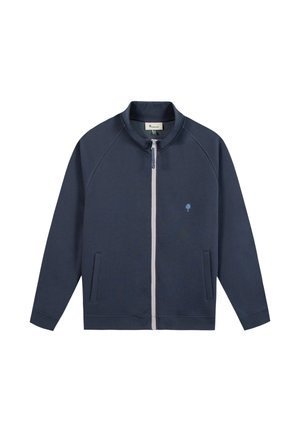 Veste zippée bleu marine avec col montant, deux poches avant et petit logo d'arbre sur la poitrine gauche, présentée à plat sur fond blanc.