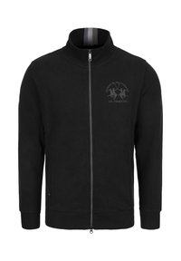 Zwarte zip-up jack met een hoge kraag, ribgebreide manchetten en zoom. De voorkant aan de linkerzijde van de borst heeft een subtiel logo-ontwerp, vervaardigd van zachte stof.