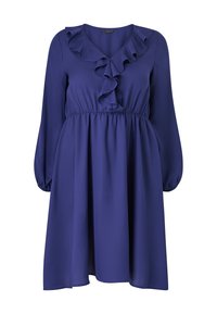 Vestido morado de manga larga con escote en V con volantes, cintura fruncida y falda fluida. Hecho de una tela ligera con una textura suave.