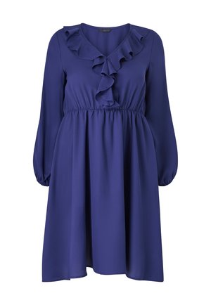 Fioletowa sukienka z długimi rękawami, z falbaniastym dekoltem w kształcie litery V, zebranym w pasie i zwiewną spódnicą. Wykonana z lekkiego materiału o gładkiej teksturze.