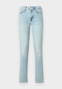 Lichtblauwe high-waisted jeans van denim, met een recht gesneden ontwerp, subtiele vervaging en klassieke vijf-pocketstijl.