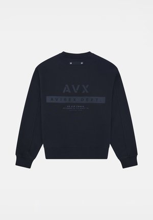 Sudadera azul marino hecha de mezcla de algodón, con cuello redondo, puños acanalados y texto impreso en la espalda. Incluye detalle de ojales en el cuello.