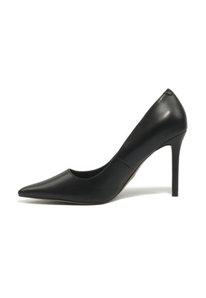 Black leather pointed-toe high heel shoe with stiletto heel, displayed in side profile on white background.