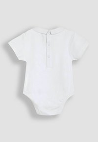 Witte short-sleeve rompertje met een klassieke kraag en een sluiting met drie knopen op de rug. Glad katoenen stof met een aansluitende pasvorm.