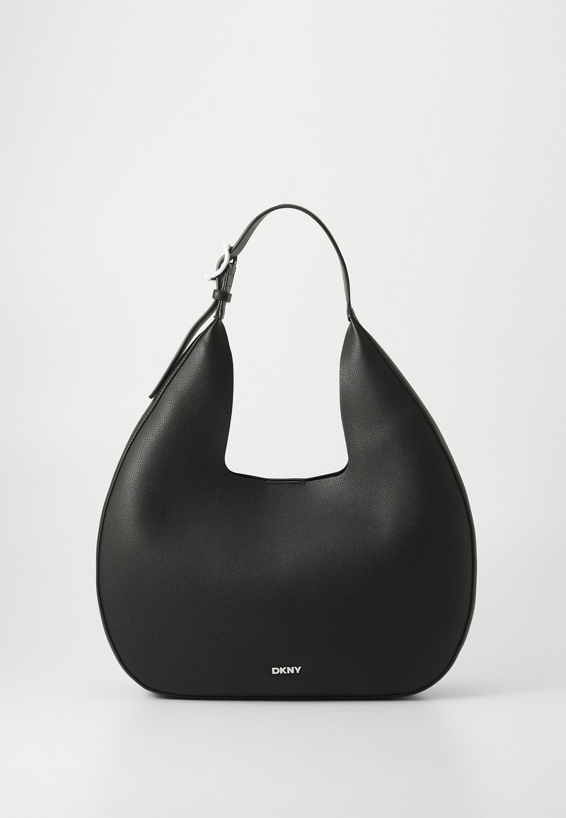 Mustan nahkainen hobo laukku, jossa on yksi säädettävä hihna, kaareva muoto, teksturoitu pinta ja pieni hopeinen DKNY-logo etuosassa.