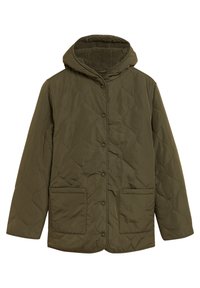 Olivově zelená prošívaná bunda s kapucí, disponující měkkou texturovanou podšívkou, druky a dvěma předními kapsami.