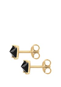 Goldene Steckerohrringe mit schwarzen Zirkonia in Pyramidform, ausgestattet mit einer glatten, polierten Oberfläche und einem sicheren Steckverschluss.
