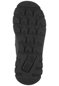 Suela de zapato de goma negra con un patrón de relieve robusto, con formas triangulares elevadas para mejorar el agarre y la durabilidad.