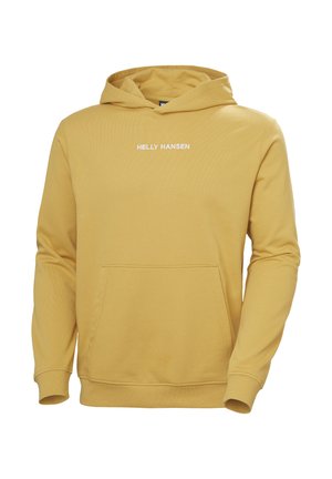 Sudadera de algodón amarilla con bolsillo canguro, puños acanalados y un logo frontal en blanco. Corte clásico con capucha ajustable.