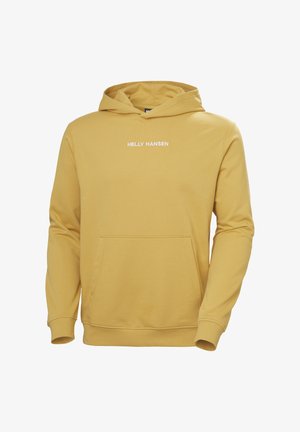 Sudadera de algodón amarilla con bolsillo canguro, puños acanalados y un logo frontal en blanco. Corte clásico con capucha ajustable.