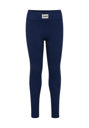 Navyblauwe geribde legging met een elastische tailleband. Heeft een klein logo-label bij de taille en een zachte, rekbare stof.