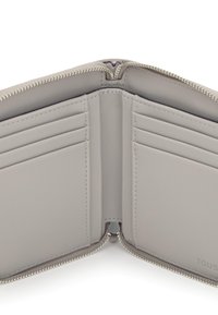 Gray leather wallet with zip closure, featuring multiple card slots and a smooth texture. Interior has a contrasting lining. No visible branding.