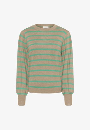 Beiger Pullover mit türkisfarbenen horizontalen Streifen, geripptem Rundhalsausschnitt und -bündchen, langen Ärmeln und weicher Textur. Geeignet für die Freizeit.