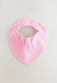 Pink fabric bandana with a pleated texture, rounded triangular shape, and a snap closure on one side.