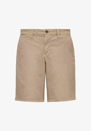 Khaki szorty wykonane z bawełny o gładkiej fakturze, z zapięciem na guzik, szlufkami na pasek oraz prostymi nogawkami. Klasyczny design.