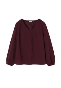 Burgundy pitkähihaisessa paidassa on syvä V-kaula-aukko, teksturoitu kangas ja kerrospaidat. Siinä on hienovarainen sävyton kukkakuosi.