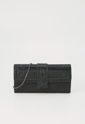 Čierna kabelka typu clutch s tkanou textúrou a trblietavými akcentmi. Zatváranie na klapku s reťazovým popruhom. Kompaktný obdĺžnikový tvar.