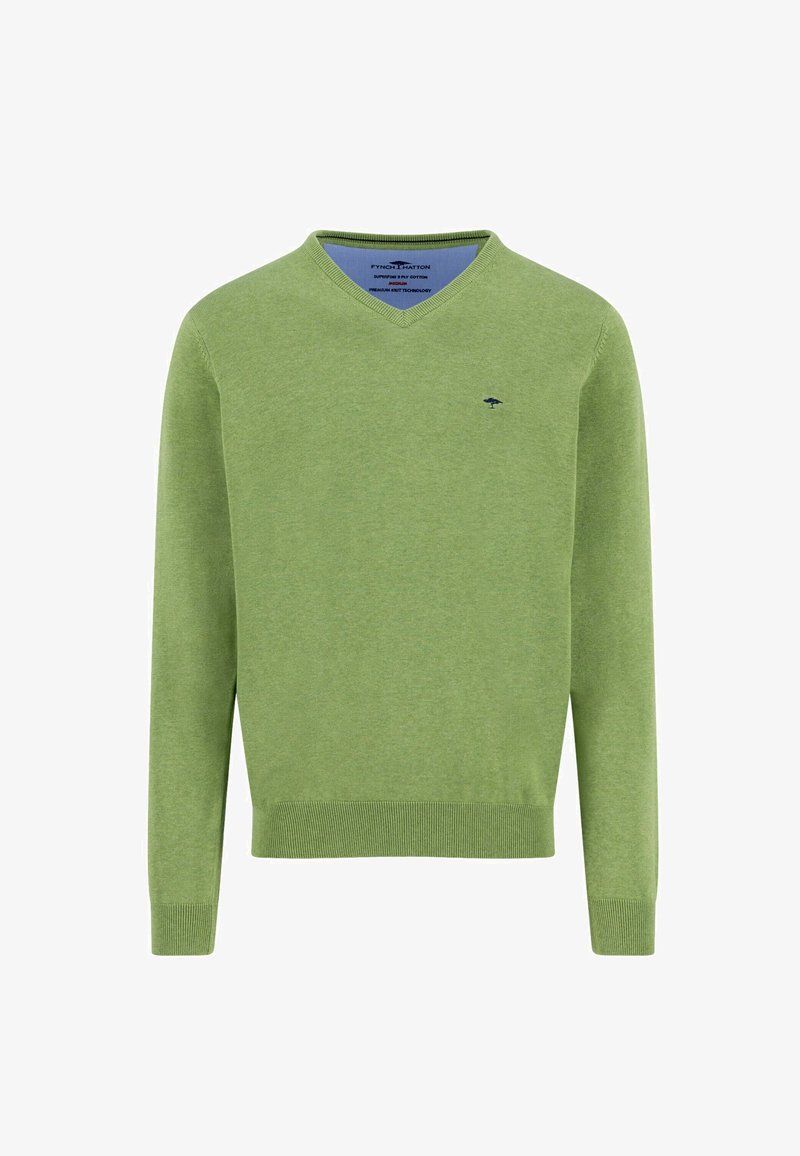 Hellgrüner V-Ausschnitt-Pullover mit langen Ärmeln, Rippbündchen an Ärmelenden und Saum, mit einem kleinen dunkelblauen gestickten Logo auf der linken Brust.