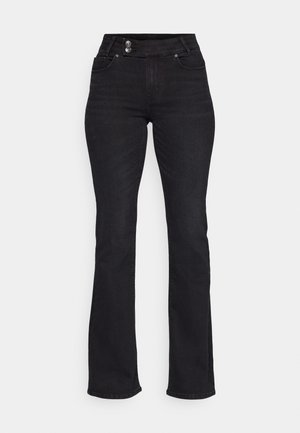 Zwarte denim flared jeans met een hoge taille, twee voorkzakken en contrasterende metalen knopen. Soepele textuur met een lichte rek.