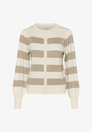 Grietinėlės spalvos kardiganas su smėlio spalvos horizontaliais dryžiais. Yra apvalus kaklas, mygtukų užsegimas ir šiek tiek puffiniai ilgų rankovių su elastinėmis apykaklėmis.