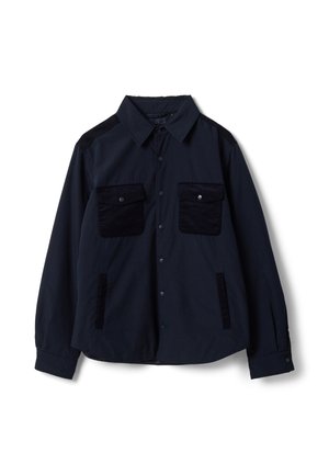 Navy blue long-sleeve shirt jacket with black chest pockets and shoulder patches, button front, and side hand pockets.