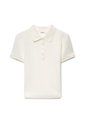 Polo bianca in tessuto a coste, con colletto, patta con cinque bottoni e strisce di accento giallo sulle maniche.